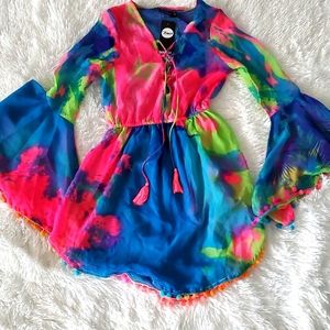 BOOHOO COLORFUL SHEER COVERUP DRESS WITH BELL SLEEVES S